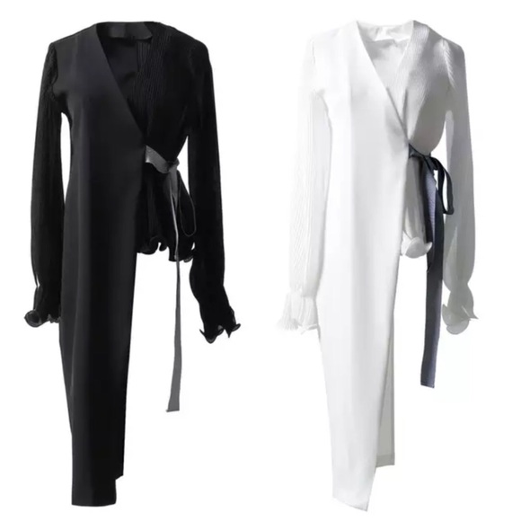 Tops - Black & White Pleated Asymmetrical Wrap Top